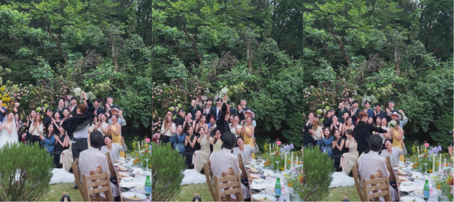 가수 조권이 부케를 완벽하게 잡은 뒤 화려한 턴을 보여주고 있다./조권 인스타그램
