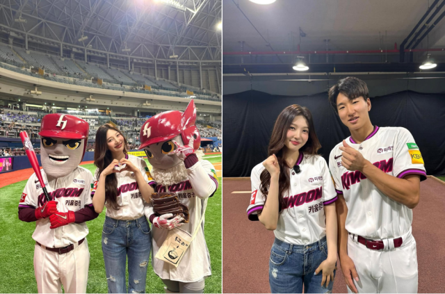 가수 조이(왼쪽)가 키움 히어로즈 주승우 선수 및 마스코트와 함게 포즈를 취하고 있다./조이 인스타그램