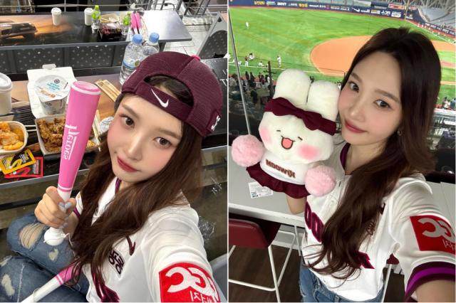 가수 조이가 키움 히어로즈 응원배트와 승리요정 슈야 인형을 들고 경기 직관을 인증했다./조이 인스타그램