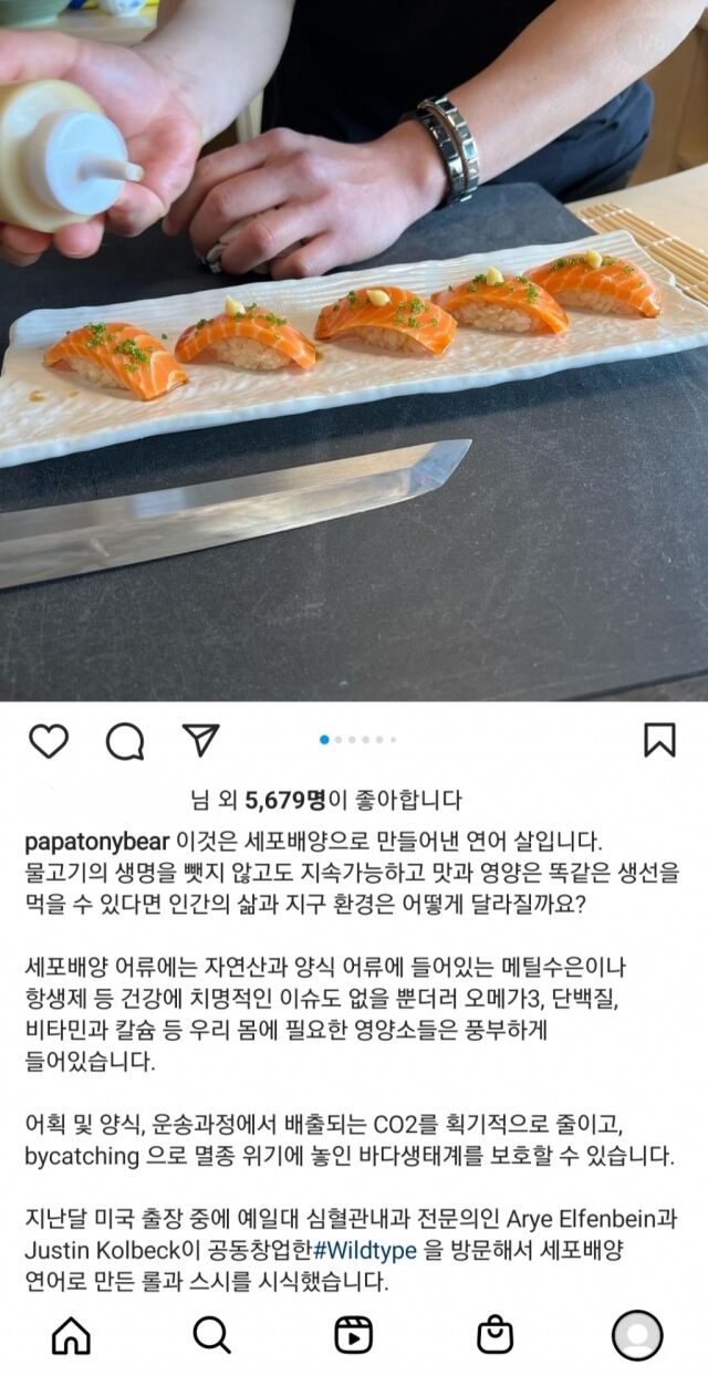 최태원 SK그룹 회장이 지난 2022년 8월 자신의 SNS에 올린 와일드타입 배양 연어 요리. /최태원 회장 SNS 계정 캡처