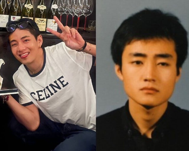 뷔가 아버지의 사진을 공개했고 닮은 외모는 팬들의 시선을 사로잡았다. / (왼쪽) 뷔 SNS, (오른쪽) 방탄소년단 SNS 캡처