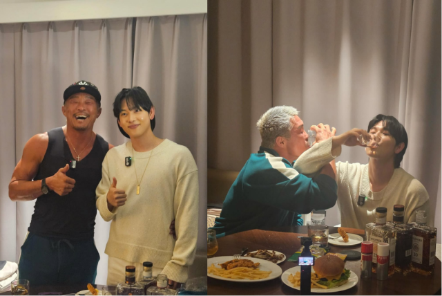 전 이종격투기 출신 방송인 추성훈(왼쪽)과 가수 임시완이 러브샷을 하고 있다. / 추성훈 인스타그램