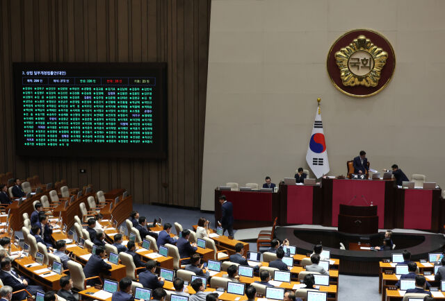 3일 서울 여의도 국회에서 열린 제426회 국회(임시회) 제4차 본회의에서 상법 일부개정법률안이 재석 272인, 찬성 220인, 반대 29인, 기권 23인으로 가결되고 있다. /뉴시스