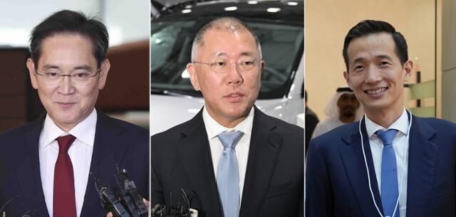 (왼쪽부터) 이재용 삼성전자 회장, 정의선 현대차그룹 회장, 김동관 한화그룹 부회장. /뉴시스