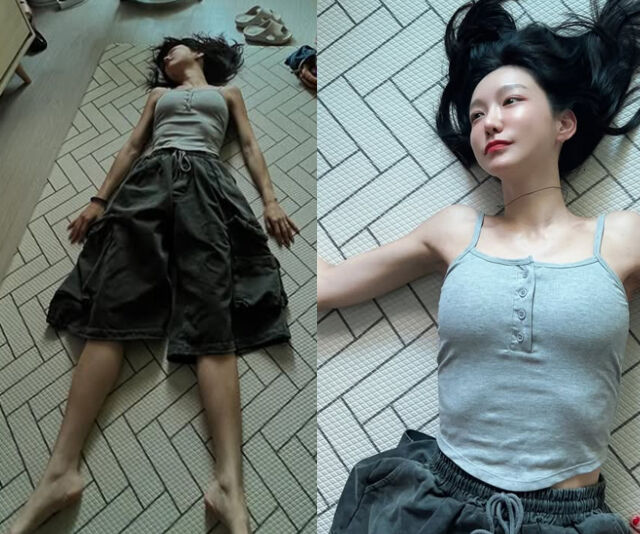 신소율이 요리 후 힘이 든 듯 바닥에 누워 천장을 바라보고 있다. / 신소율 소셜미디어
