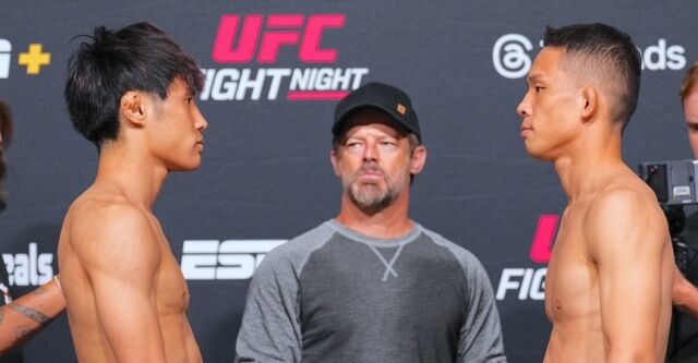 박현성(오른쪽)과 다이라(왼쪽)가 계체 후 페이스오프 하고 있다. /UFC 제공