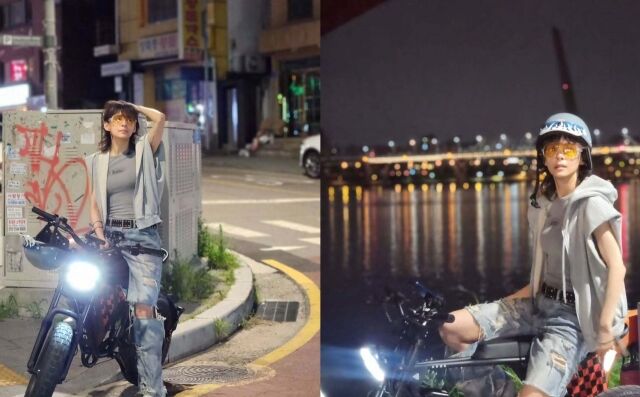 한강 변 어두운 밤, 배우 정혜인이 전기 바이크에 앉아 포즈를 취하고 있다./정혜인 소셜미디어