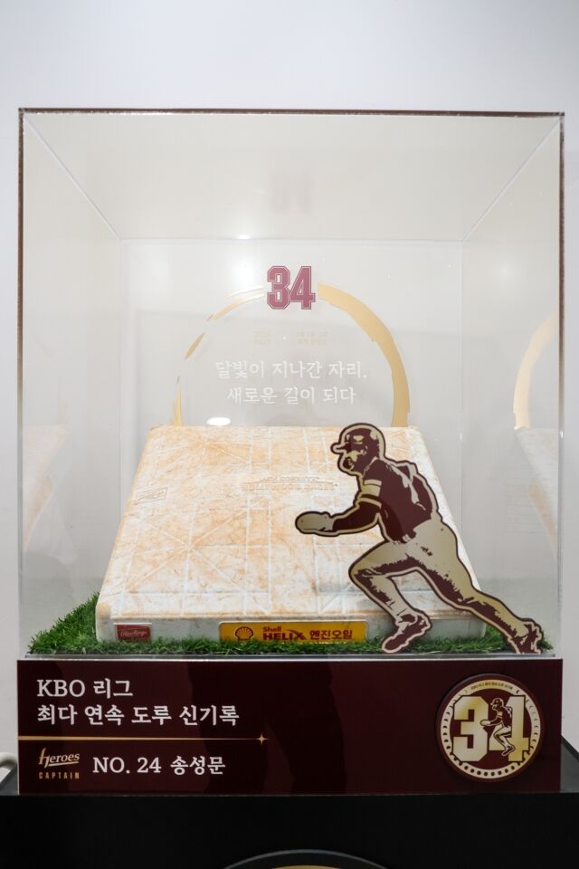 송성문 최다 연속 도루 성공 신기록 기념 트로피./키움 히어로즈
