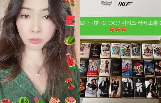 모델 겸 방송인 이소라가 '007 시리즈' 커버 초콜릿을 놓고 고민에 빠졌다. /이소라 소셜미디어