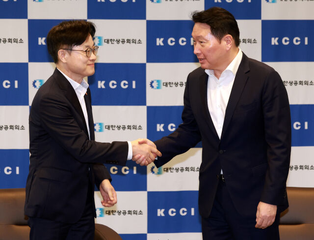 김정관(왼쪽) 산업통상자원부 장관과 최태원 대한상공회의소 회장이 4일 오후 서울 중구 대한상공회의소 대접견실에서 인사를 나누고 있다. /뉴시