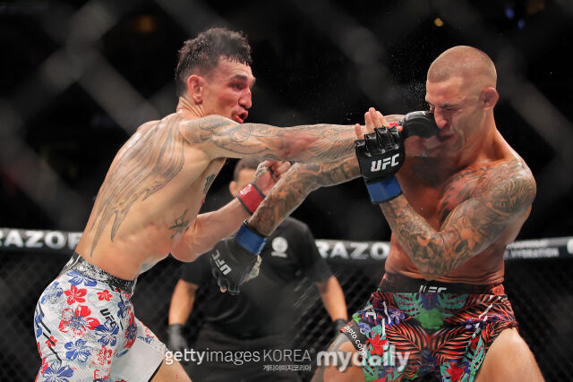 할로웨이가 UFC 318 경기에서 포이리에의 안면에 펀치를 꽂고 있다. /게티이미지코리아