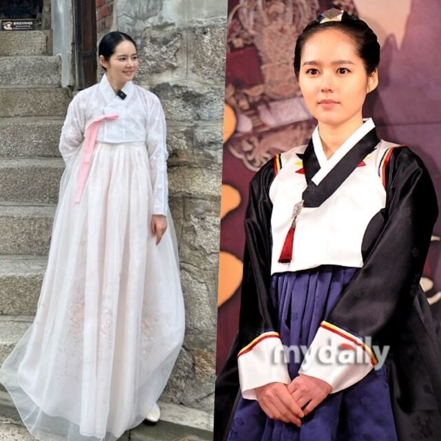 한가인, 오른쪽은 2012년 '해를 품은 달' 제작발표회 포토타임 때 모습 / 마이데일리, 한가인 인스타그램