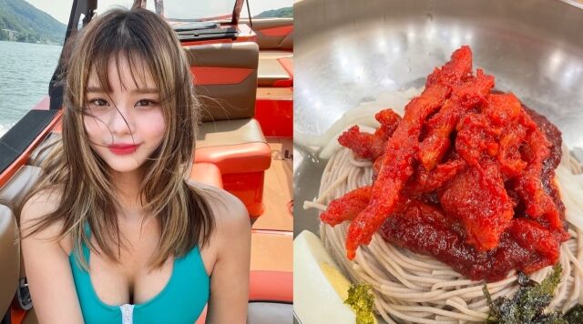 가평에서 휴가를 즐기는 개그우먼 맹승지. 오른쪽은 비빔회냉면./맹승지 소셜미디어