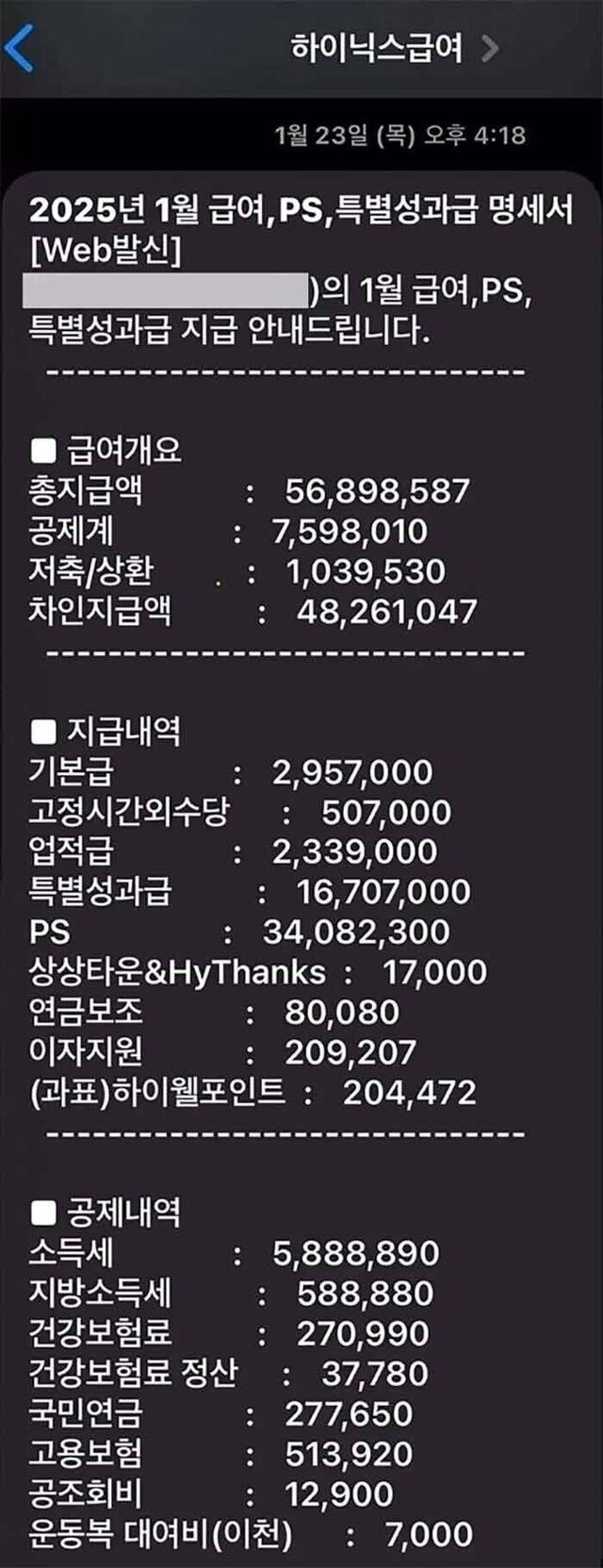SK하이닉스 직원으로 추정되는 누리꾼이 1월 급여명세서라고 주장하며 공개한 내역. /온라인 커뮤니티 캡처
