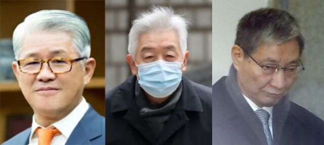 (왼쪽부터)최신원 전 SK네트웍스 회장, 최지성 전 삼성그룹 미래전략실장, 장충기 전 미래전략실 차장. /뉴시스