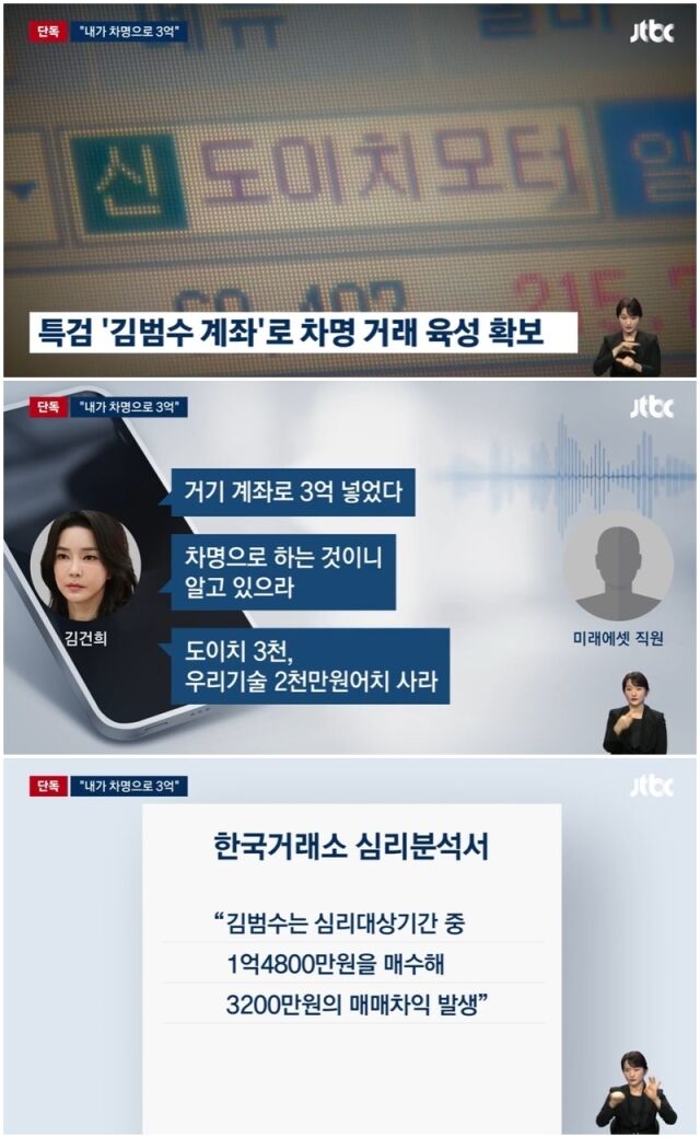 김건희 특검팀(특별검사 민중기)이 도이치모터스 주가조작 사건과 관련해 김건희 여사가 김범수 전 SBS 아나운서의 계좌로 ‘차명 거래’를 언급하는 육성 녹취록을 확보한 것으로 알려졌다. /JTBC 뉴스