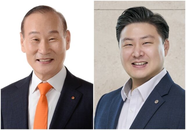 최병오 한국섬유산업연합회 회장(왼쪽)과 최준호 패션그룹형지 부회장. /한국섬유산업연합회 