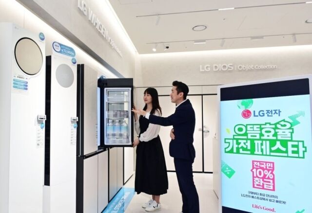고객이 LG전자 베스트샵에서 고효율 가전제품을 살펴보고 있는 모습. /LG전자