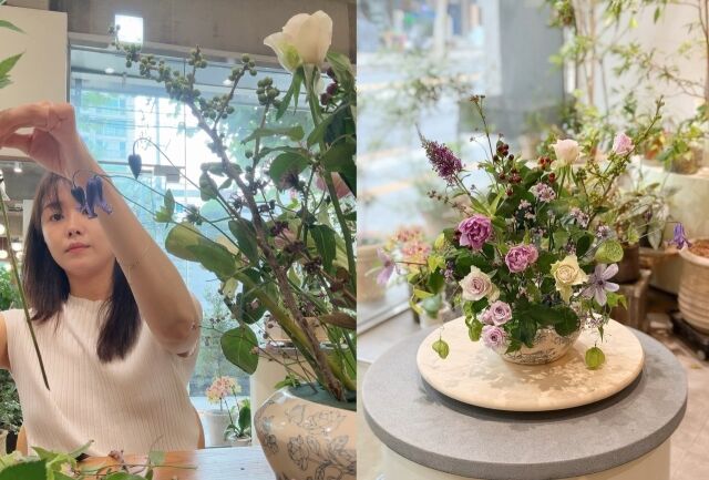 시크릿 출신 송지은이 남편 박위와 '꽃 수업'을 함께 했다고 자신의 SNS 계정에 공개했다. 오른쪽은 박위의 작품으로 추정. /송지은 소셜미디어