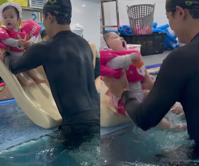 이지훈이 딸 루희와 수영장에서 놀아주고 있다. / 아아네 소셜미디어