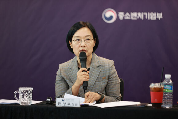 한성숙 중소벤처기업부 장관이 20일 대전 스타트업파크에서 열린 '재창업·재도전 활성화 정책현장투어'에서 모두 발언을 하고 있다. /중소벤처기업부