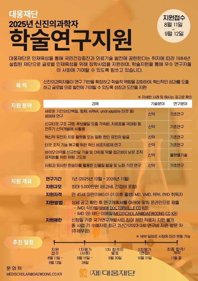 대웅재단 신진의과학자 학술연구지원사업 공모 포스터. /대웅재단