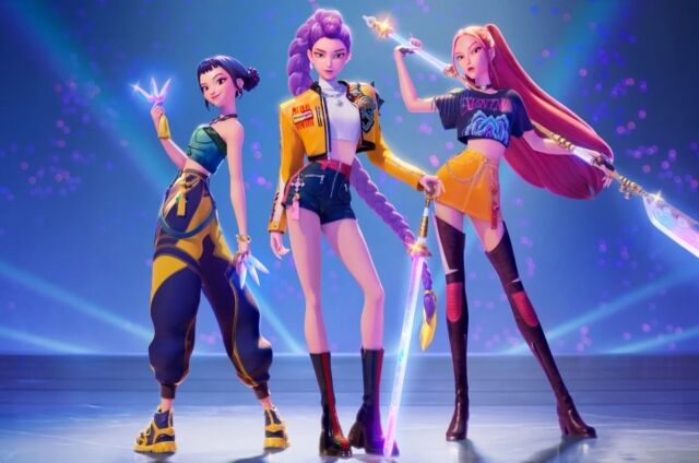 넷플릭스 애니메이션 'K팝 데몬 헌터스'에 등장하는 K팝 걸그룹 '헌트릭스' 멤버. 왼쪽부터 조이, 루미, 미라. /넥플릭스 코리아