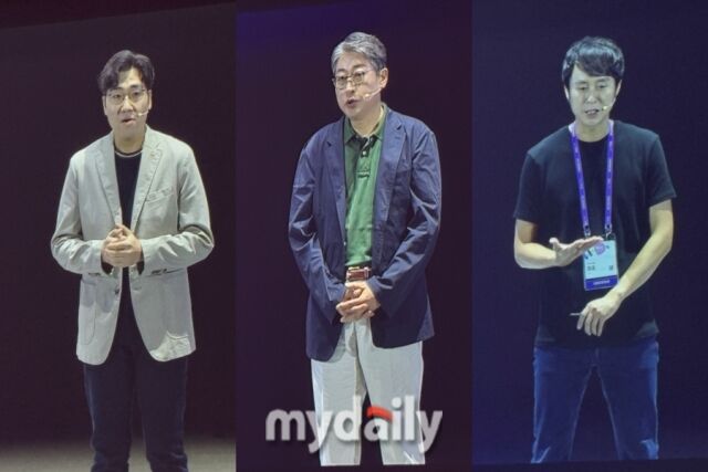 (왼쪽부터) 이경종 KB금융그룹 금융AI2센터장, 김경호 원익그룹 전무, 최훈 업스테이지 개발총괄이 11일 서울 코엑스에서 열린 ‘리얼 서밋(REAL Summit) 2025’ 에서 발표하고 있다. /박성규 기자