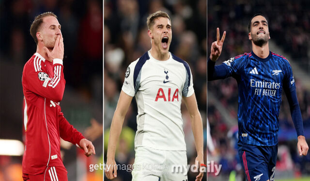 5일 UEFA 챔피언스리그 리그 페이즈 4차전에서 득점을 올린 선수들. 왼쪽부터 맥 알리스터, 판 더 펜, 메리노. /게티이미지코리아