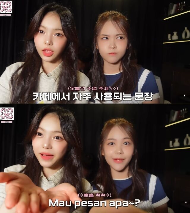 인도네시아에 방문한 카르멘이 멤버에게 인도네이사어를 가르쳐주고 있다/하츠투하츠 유튜브 캡처