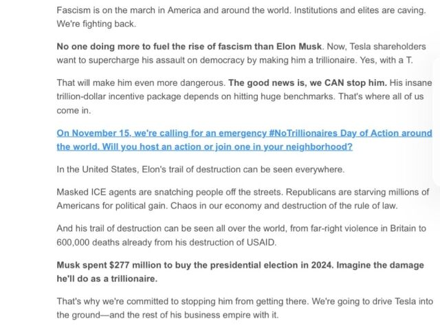 테슬라 반대 시위대 연합이 각국 시위대들에 전달한 이메일 서한 내용 일부. /X 캡처