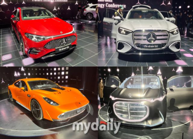 (시계 방향으로) 디 올-뉴 일렉트릭 CLA, 디 올-뉴 일렉트릭 GLC, 비전 V, 콘셉트 AMG GT XX. /심지원 기자