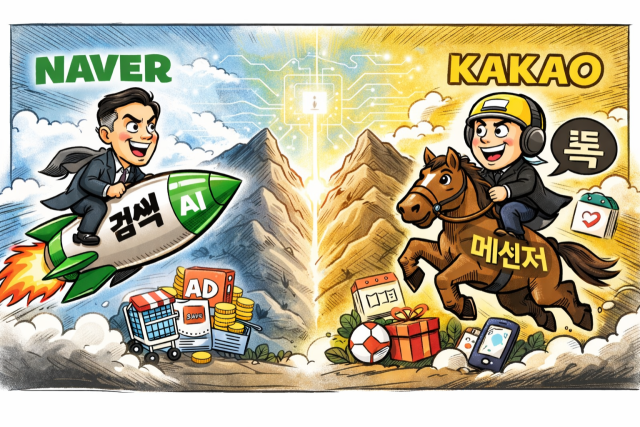 네이버와 카카오가 인공지능(AI)을 플랫폼 핵심 구조로 끌어올리며 전략 대전환에 나섰다. /AI 생성 이미지