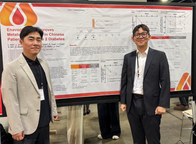 2025 미국비만학회에서 엔블로 중국 3상 임상 연구결과를 발표한 대웅제약 임상연구진. 나재진 임상의학센터장(왼쪽), 박찬호 임상연구원. /대웅제약