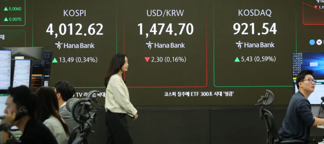 코스피가 전 거래일(3999.13)보다 20.30포인트(0.51%) 상승한 4019.43에 개장한 17일 오전 서울 중구 하나은행 딜링룸 전광판에 지수가 표시 되고 있다. 코스닥 지수는 전 거래일(916.11)보다 5.92포인트(0.65%) 오른 922.03에 거래를 시작했다. 원·달러 환율은 전 거래일 주간거래 종가(1477.0원)보다 2.5원 내린 1474.5원에 출발했다./뉴시스