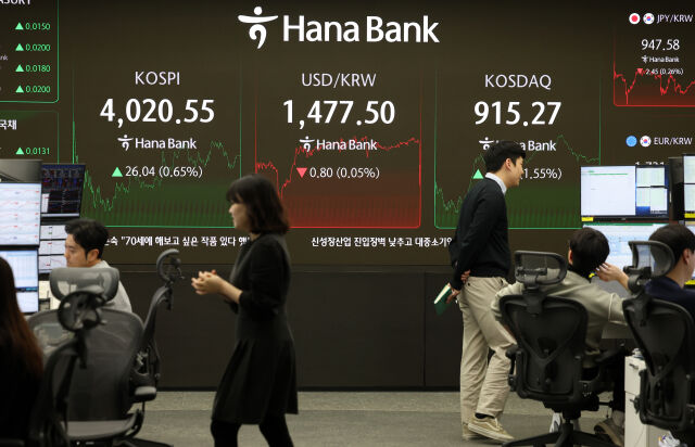 코스피가 전 거래일(3994.51)보다 26.04포인트(0.65%) 상승한 4020.55에 장을 마감한 19일 오후 서울 중구 하나은행 딜링룸 전광판에 종가가 표시되어 있다. 코스닥 지수는 전 거래일(901.33)보다 13.94포인트(1.55%) 오른 915.27, 서울 외환시장에서 원·달러 환율은 전 거래일 주간거래 종가(1478.3원)보다 2.0원 내린 1476.3원에 주간 거래를 마감했다./뉴시스