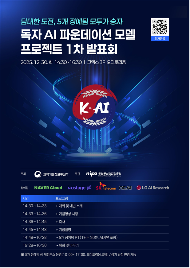 과학기술정보통신부와 정보통신산업진흥원은 30일 오후 2시 30분 서울 코엑스 오디토리움에서 ‘독자 AI 파운데이션 모델’ 프로젝트 1차 발표회를 개최한다. /과기정통부