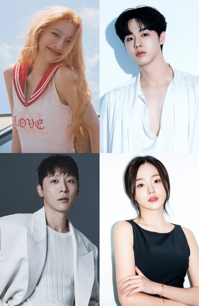 왼쪽부터 시계방향으로 레드벨벳 조이, 김현진, 강나언, 신현수 / SM엔터테인먼트, 아에르 엔터테인먼트, 킹콩 by 스타쉽, 엔터세븐