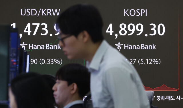 코스피가 전 거래일(5163.57)보다 150.42포인트(2.91%) 하락한 5013.15에 개장한 6일 오전 서울 중구 하나은행 딜링룸 전광판에 지수가 표시돼 있다./뉴시스