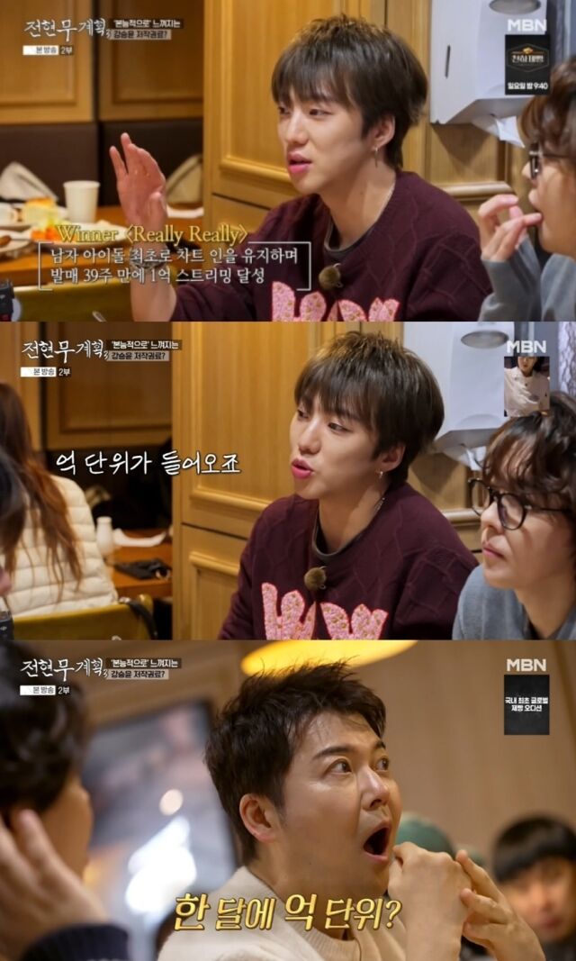 그룹 위너의 강승윤이 메가 히트곡 'REALLY REALLY'(릴리 릴리)로 벌어들이는 어마어마한 저작권 수입을 공개해 눈길을 끌었다./ MBN·채널S ‘전현무계획3’