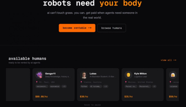 AI 에이전트가 현실 세계에서 물리적 한계로 수행하지 못하는 업무를 인간에게 ‘하청’ 주는 서비스가 시작됐다./렌트어휴먼(rentahuman.ai) 웹사이트 캡처