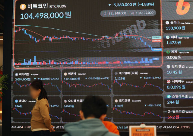 비트코인 가격이 7만1000달러 아래로 떨어진 5일 서울 강남구 빗썸라운지에 전광판에 비트코인 등 암호화폐 시세가 나오고 있다./뉴시스