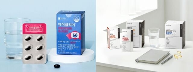 종근당 건강의 아이클리어 루테인지아잔틴 아스타잔틴(왼쪽), 헥토헬스케어의 성인 맞춤형 건기식 신제품 4종. /각 사