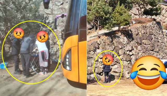 경북 문경의 한 사찰 인근 주차장에서 산악회 회원들로 추정되는 일행이 단체로 고기를 굽고 노상방뇨를 하는 몰상식한 모습이 공개돼 공분을 사고 있다./온라인 커뮤니티 '보배드림'