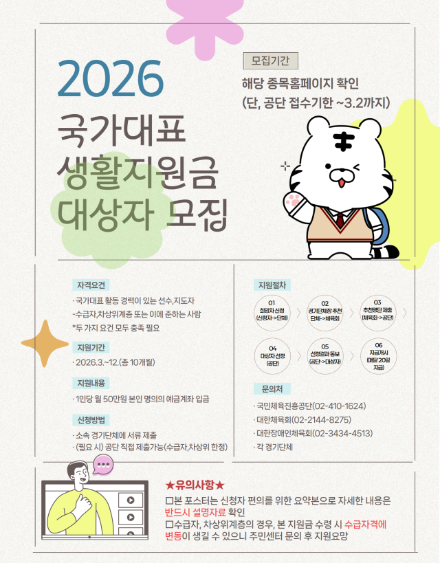 국민체육진흥공단_2026년 국가대표 생활지원금 안내 포스터. /국민체육진흥공단 제공