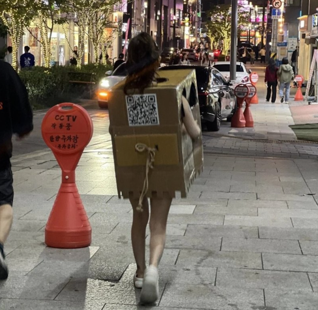 서울 강남과 홍대 일대에서 나체에 박스만 걸친 채 활보해 이른바 압구정 '나체 박스녀’로 알려진 20대 여성 A씨가 공연음란 혐의로 징역형이 확정된 데 이어, 마약 구매 및 투약 혐의로도 유죄를 선고받았다./온라인 커뮤니티 갈무리