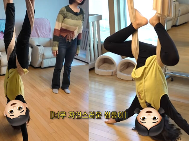 한그루의 쌍둥이 딸들은 수준급 고난도 플라잉 요가를 선보였다. / 유튜브 '그루니까 말이야'