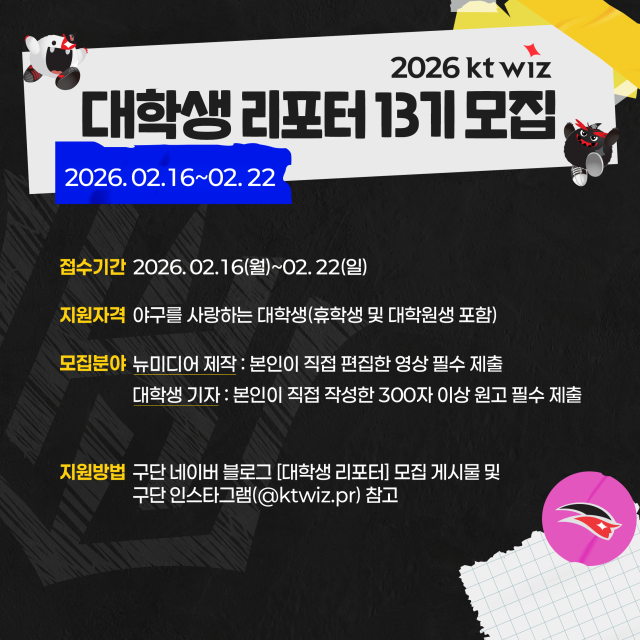 KT 위즈 대학생 리포터 13기 모집./KT 위즈