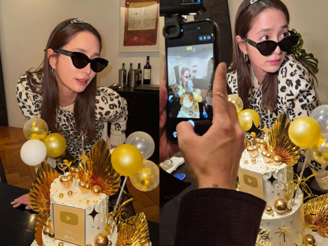 이민정이 생일을 맞아 2단 케이크 앞에서 포즈를 취하고 있다. / 이민정 소셜미디어