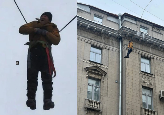 러시아 상트페테르부르크의 한 건물 옥상에서 추락하던 유리창 청소부가 단 한 줄의 전선에 걸려 극적으로 구조됐다./더 선